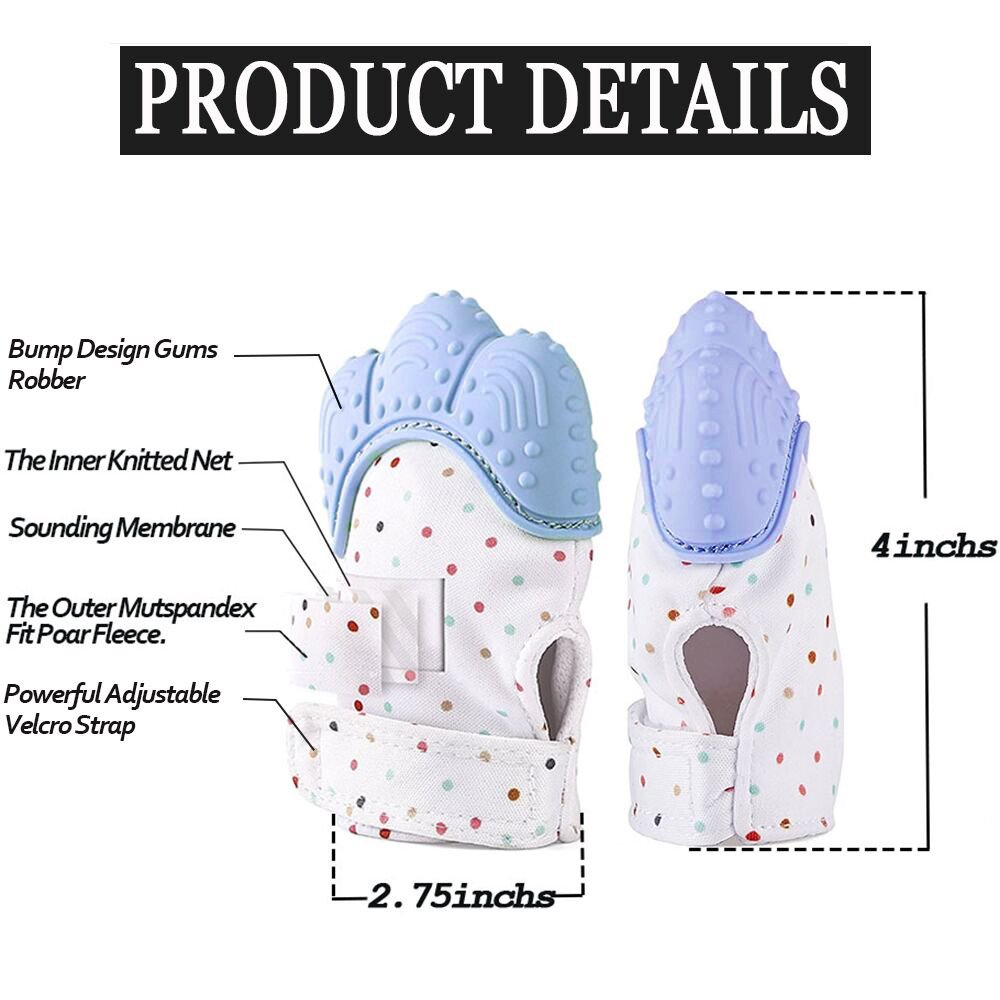 Teething Mitten, SZHSR Baby Self Soothing Teether Mitten BPA Free Teething Pain Relief Toy Wearable for Left & Right Hand for Unisex 2 - 8 Months Babies. (Blue, 2PSC)