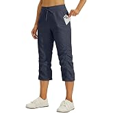 Willit Womens Capri Pants Quick-Dry Hiking Pants | Lightweight Travel Cropped Pants with Pockets, Moisture-Wicking, Elastic Waist, Striped Woven, Summer Casual Workout Outdoor