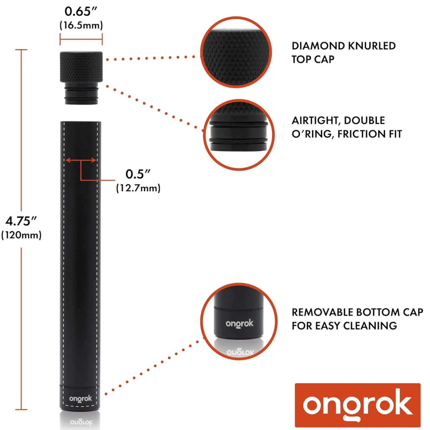 ONGROK Premium Storage Tube | Airtight Aircraft Grade Aluminum Metal, Pocket-Sized Opaque Holder | Perfect to Store Tea, Spices, Coffee (Black)