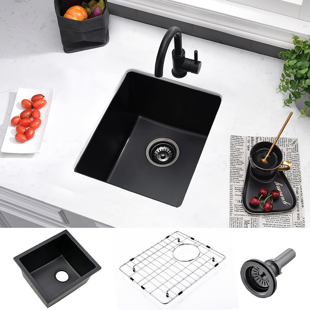 Photo 1 of 13 Inch Black Bar Sink Undermount-VASOYO 13x15 Bar Sink Under Mount Quartz Composite Bar Prep Outdoor Rv Small Kitchen Sinks Single Basin with Bottom Grid