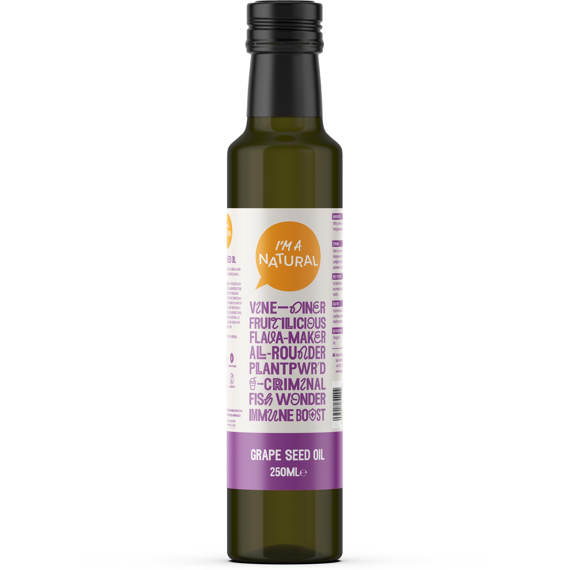 I'M A NATURAL Grape Seed Oil (250ml), Vegan Cold Pressed Cooking for Healthy Snacks & Meals, Vitamin E/Antioxidant Rich Grape Seed Oil Bottle - Genuine I'm A Natural