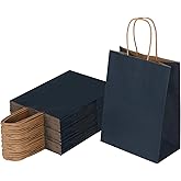 Joybe 50 Pack 5.95x3.25x8 Inch Small Navy Blue Paper Bags with Handles Bulk, Kraft Paper Gift Bags for Birthday Party Favors Grocery Retail Shopping Business Goody Merchandise Craft Blank Sacks