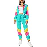 Yisfri Womens Color Block 2 Piece Windbreaker Outfits Long Sleeve Zip Front Crop Top Tracksuit Set