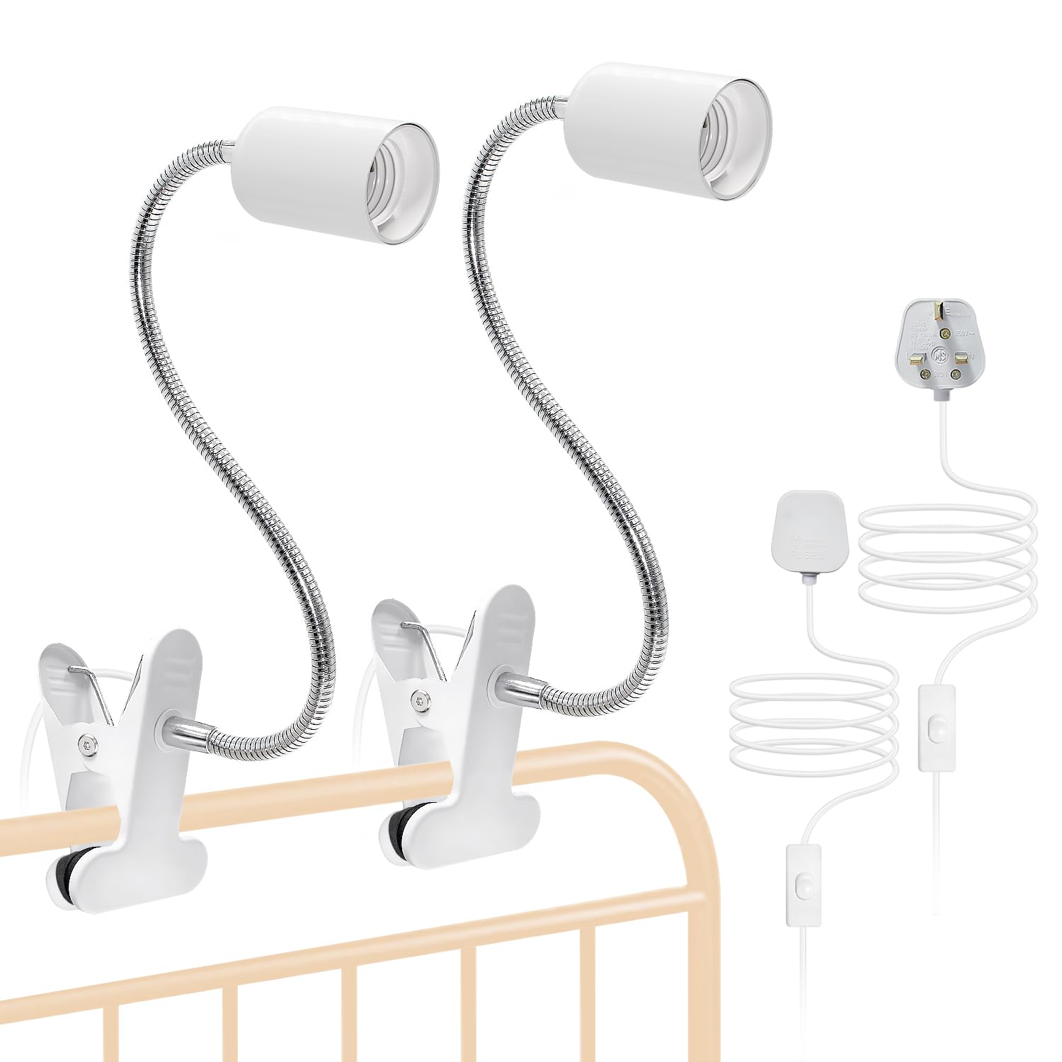 E27 Lamp Holder 2Pcs Flexible Clip Desk Lamp Metal Clip Light, White Clamp Light with 360° Rotatable Gooseneck and 220cm Cable Switch for Bedroom, 60 W Max
