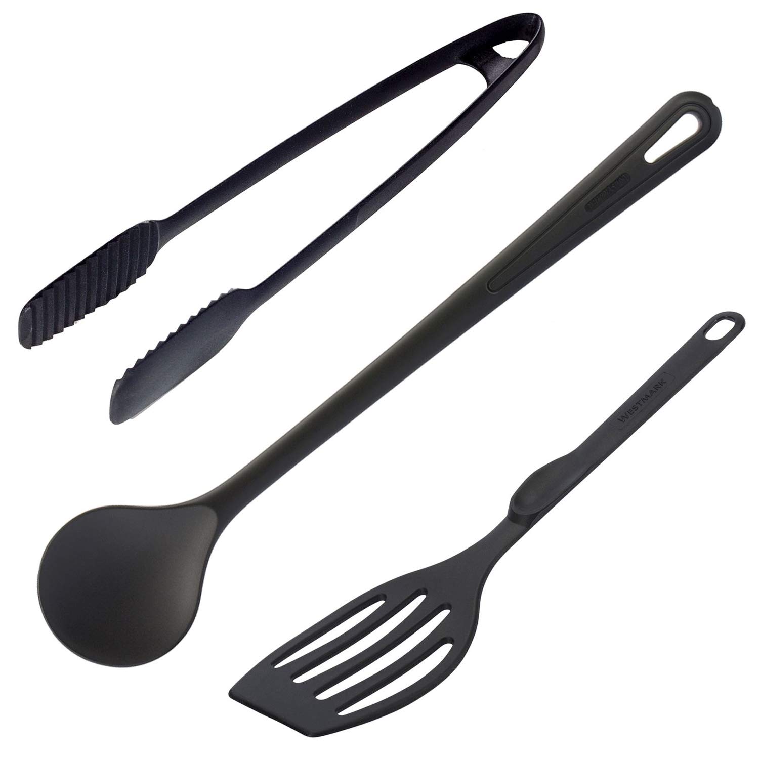 Westmark Kitchen Utensil Set, 3 pcs: spatula, cooking spoon and frying/serving tongs, For flipping, stirring and serving, Plastic, Black, 286922E6
