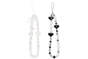 SZXYCZL 2PCS Beaded Phone Charms Y2K Dark Love Pearl Metallic Beaded and Cute Transparent Bear Pearl Bow Tie Anti Lost Phone Chain Strap for Women Girls-Black+White