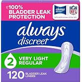 Always Discreet Incontinence Panty Liners for Bladder Leaks, Size 2, Very Light Absorbency, 120 Count