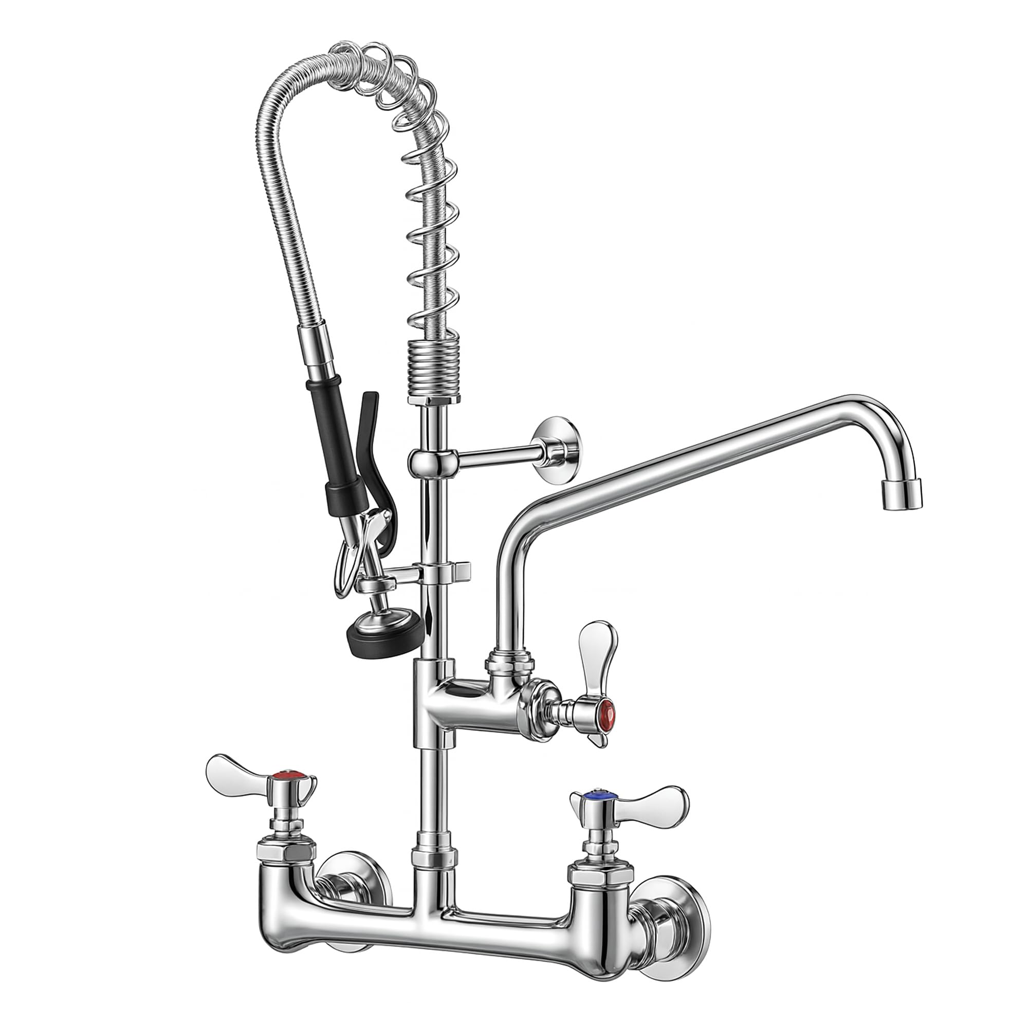 Photo 1 of NETISR Commercial Faucet with Sprayer, Brass Chrome Wall Mount Restaurant Kitchen Sink Faucet 25" Height 8" Center with Coilded Spring Pull Down Pre Rinse Sprayer, 12" Spout and 18" Hose (25 inches)