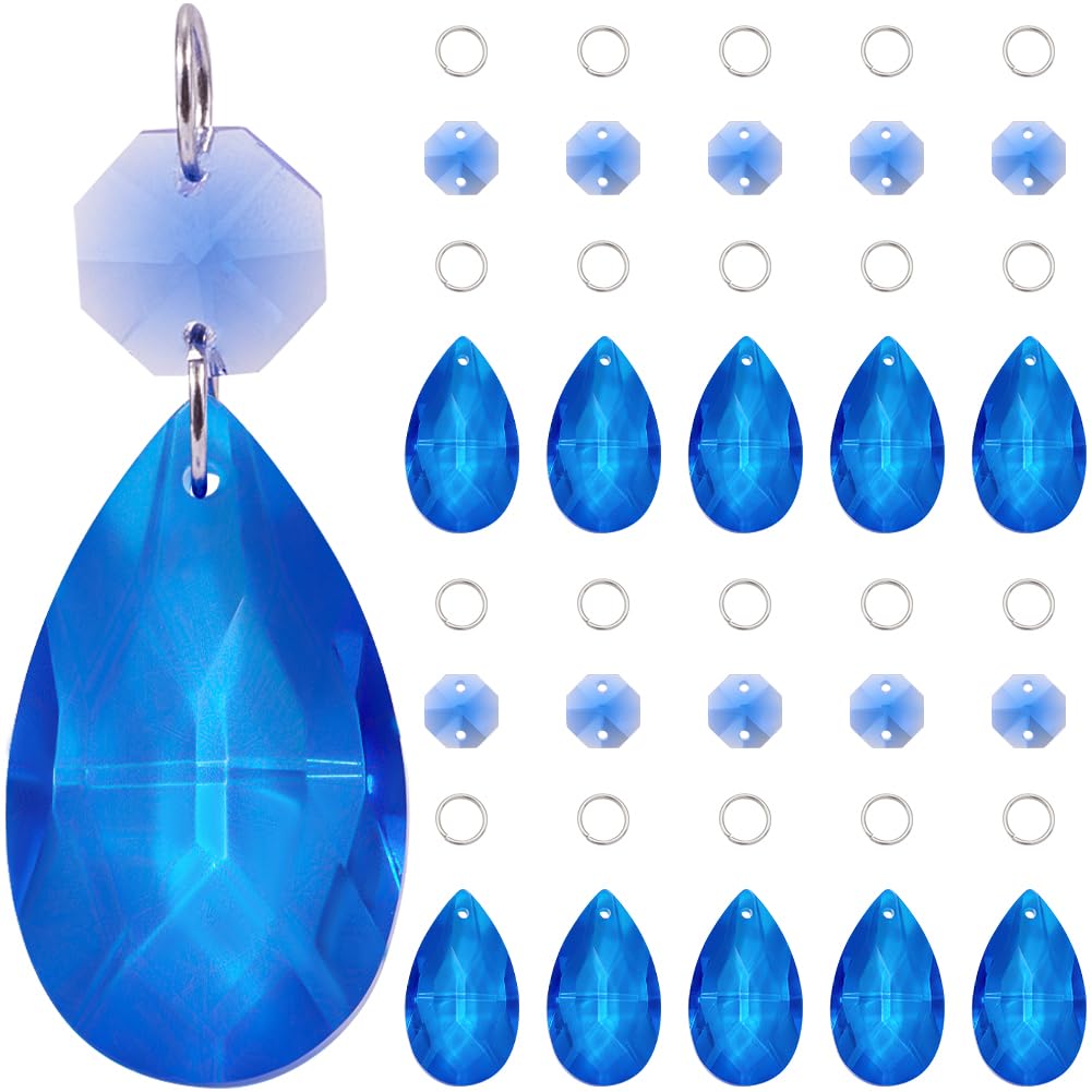 SOFPLATE 1 Box 12 Pack 38mm Crystal Chandelier Prisms Blue Teardrop Crystal Chandelier Pendants Octagon Links Jump Rings Glass Prism Suncatcher for Christmas Wedding Party Decor Chandeliers Hanging