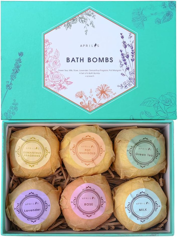 Aprilis Bath Bombs Gift Set, 6 Fizzy Bubble Bath Bath Bombs, Natural Spa Bath Bomb Kit with Different Essential Oils, Birthday Gift idea For Her, Women, Men, Kids and Teen Girls