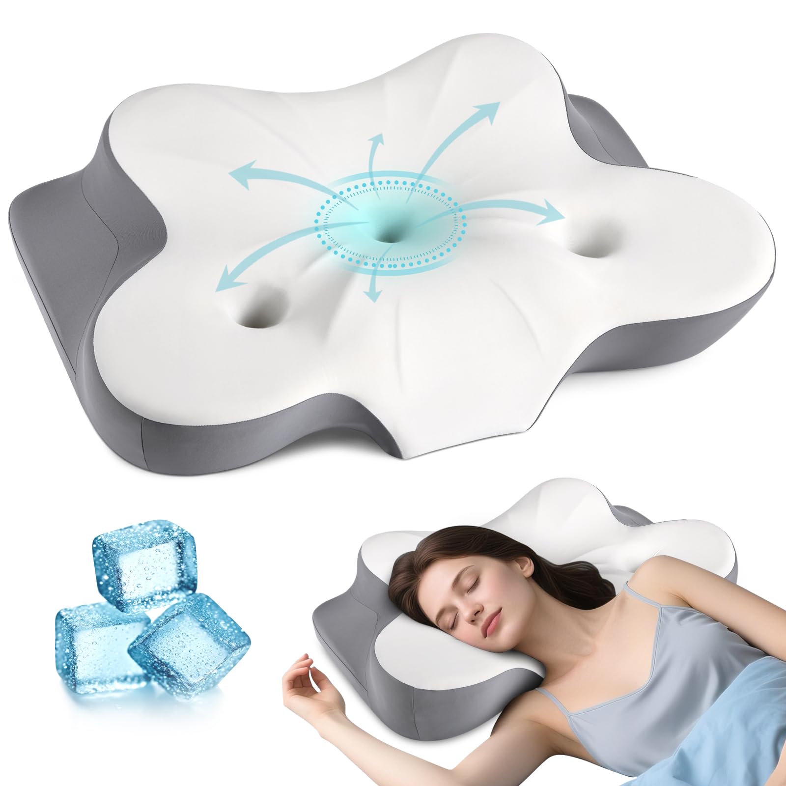 Photo 1 of Cervical Neck Pillow for Pain Relief- Ergonomic Memory Foam Pillows for Sleeping, Dual Ear Relief Zone Contour Pillow, Neck Support Pillows for Side Back &Stomach Sleeper (White)