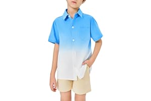 BEOTYSHOW Boys Button Down Shirts Gradient Linen Casual Short Sleeve Beach Summer Boy Shirt with Pocket 2-14 Years