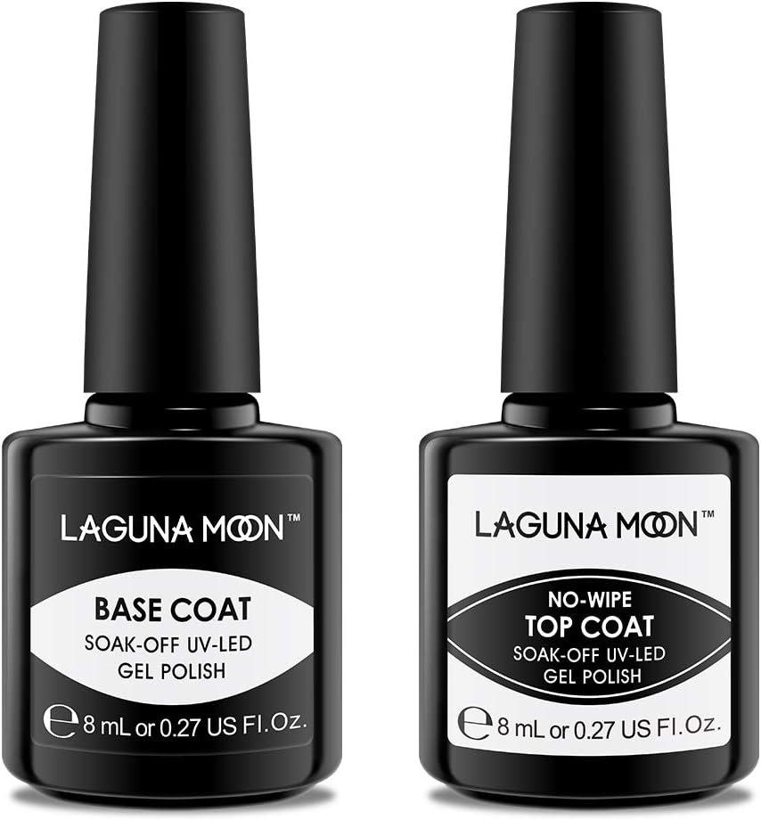 LagunaMoon Gel Nail Polish Base Coat and No Wipe Top Coat Gel Polish Set Soak Off UV LED Nail Varnish Lacquer Manicure Set 2 × 8ml