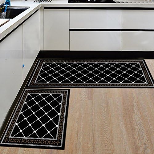 HEBE Kitchen Rugs 2 Piece Non-Slip Kitchen Mat and Rug Rubber Backing Doormat Runner Rug Set Machine Washable (16"x47"+16"x24", Black)