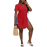 LYANER Women's Collar V Neck Button Down Slit Hem Short Sleeve Blouse Long Shirt Top