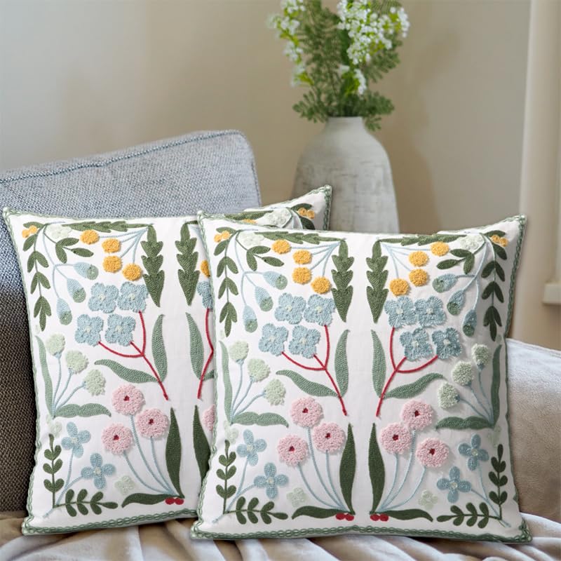 Pilmandu Pack of 2 Embroidered Farmhouse Floral Throw Pillow Covers 18x18 Inch Blue Cotton for Sofa Bed Living Room Decor