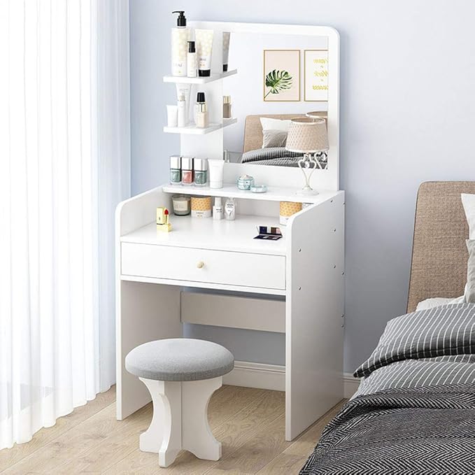 Recliner Tocador De Maquillaje Blanco con Heces Acolchadas Espejo