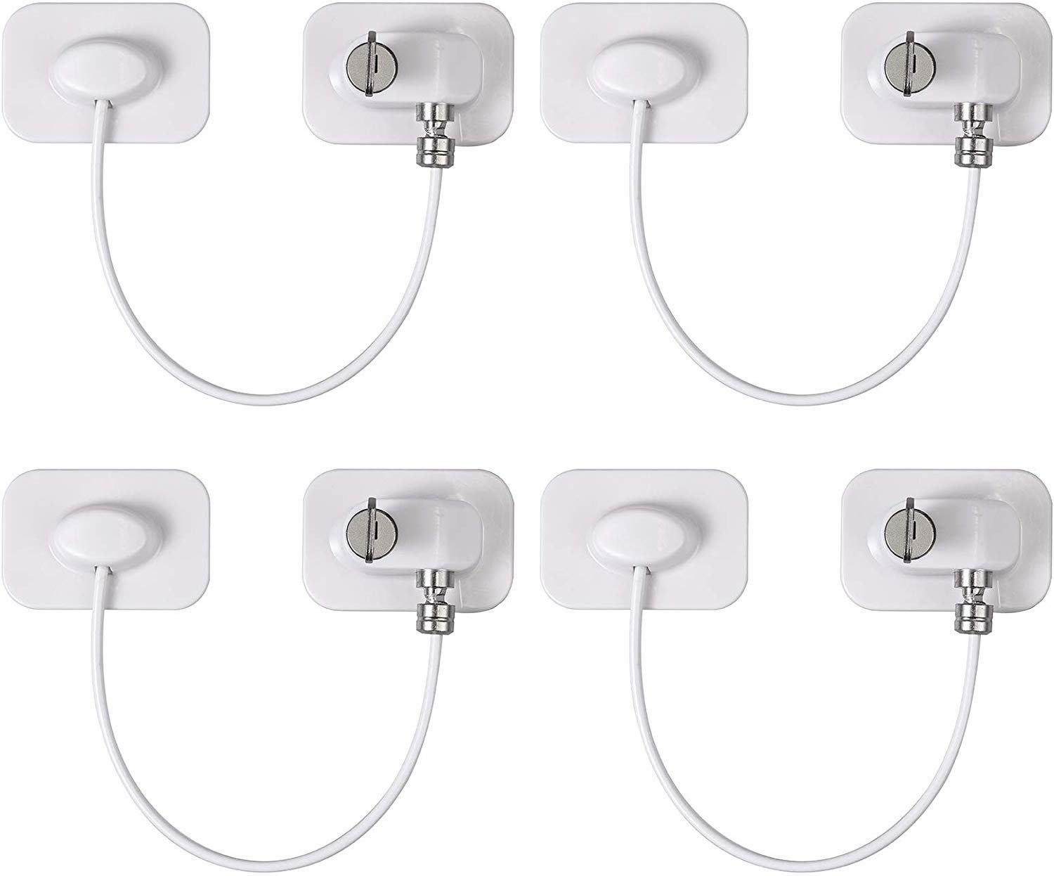 4 Pcs Refrigerator Door Locks Window Restrictor Locks, White Fridge Door Locks with Key Cable, Adhesive Freezer Door Latch Cable Restrictors for Baby Children Safety for Cabinets Washers Dryers