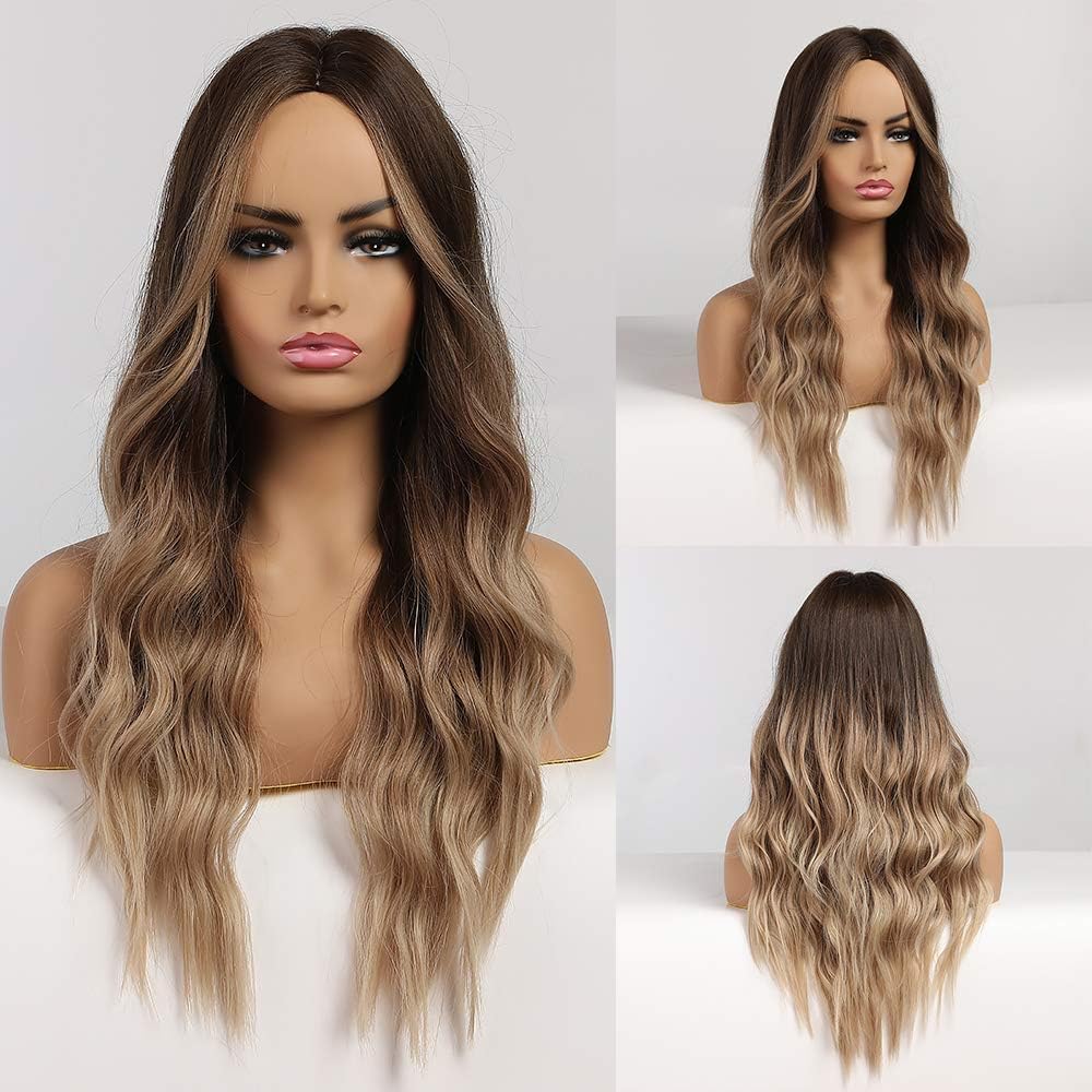HAIRCUBE Omber Brown Wig Middle Parting Long Curly Women's Wigs 24 Inch Wigs for Women Natural Looking Synthetic Wigs