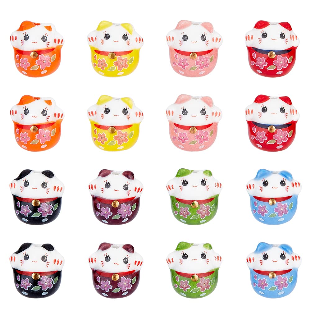 OLYCRAFT 16Pcs 8 Colors Lucky Cat Ceramic Beads Maneki Neko Spacer Beads Handmade Ceramic Loose Beads Fortune Cat Porcelain Beads for Jewelry Making Nacklace Bracelet Earrings Accessories - Hole 2mm