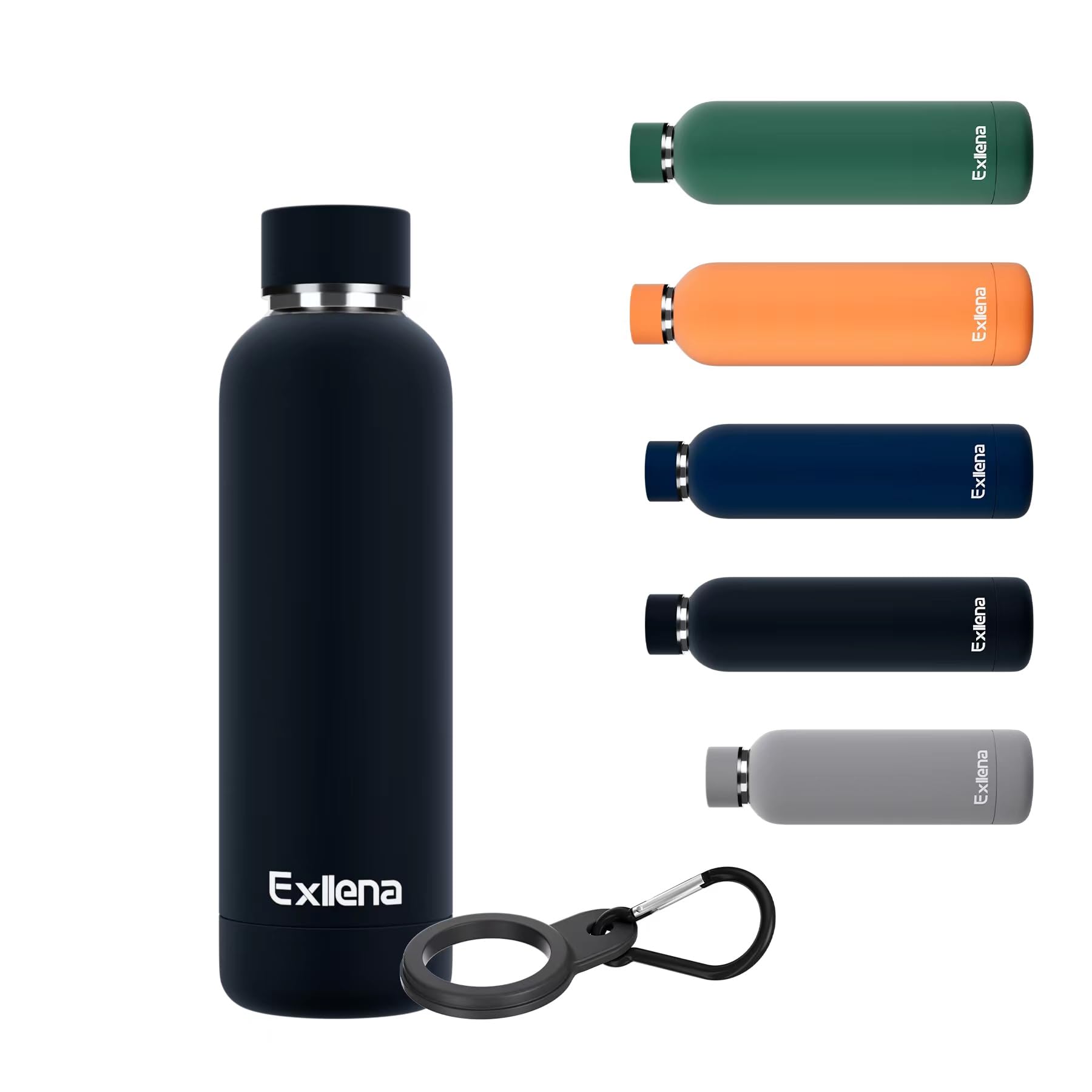 Exllena Insulated Black Water Bottles 500ml with Clip, Double Wall Vacuum Drinks Bottle Keeps Drinks Cold 24 Hrs/Hot 12 Hrs, Stainless Steel Water Bottle BPA Free — image 1