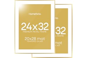 Homeforia 24x32 Poster Frame Gold, High End Metal 24 x 32 Large Picture Frames with Mat 20 by 28 for Photo, 24x32 Gold Frame Matted to 20x28 inch Print, 32x24 Frame, Tempered Glass, Wall Kit, Set of 2