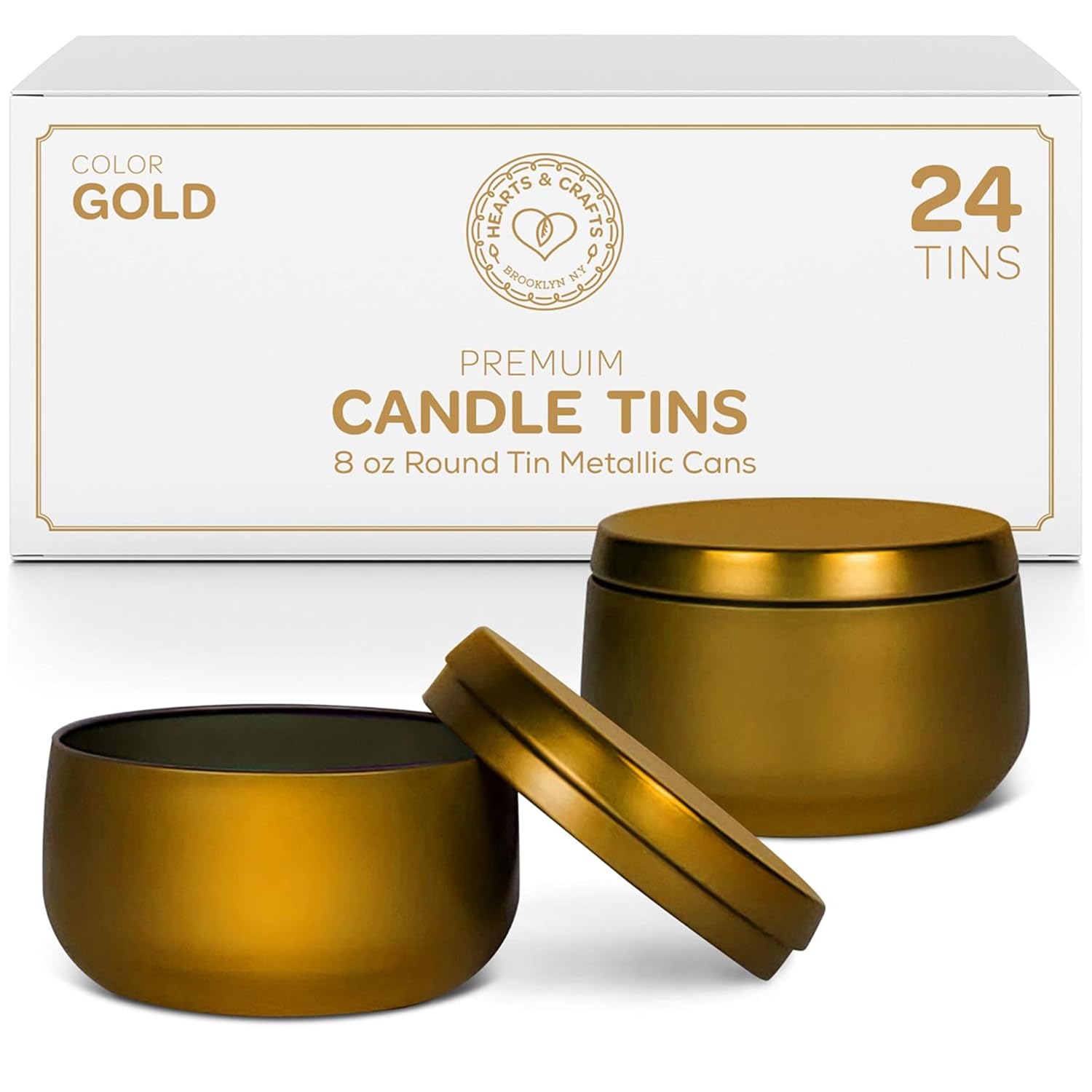 Photo 1 of Hearts and Crafts 24-Pack of Round Metal Candle Jars with Lids - 8oz Candle Making Supplies for DIY Crafts, Storage, and Organizing - Empty Tin Containers for Gifts or Small Essentials - Gold