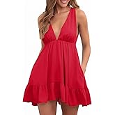 Febriajuce Womens Summer Mini Dress Loose Ruffle Deep V-Neck Backless Strap Solid Casual Short Dresses with Pockets