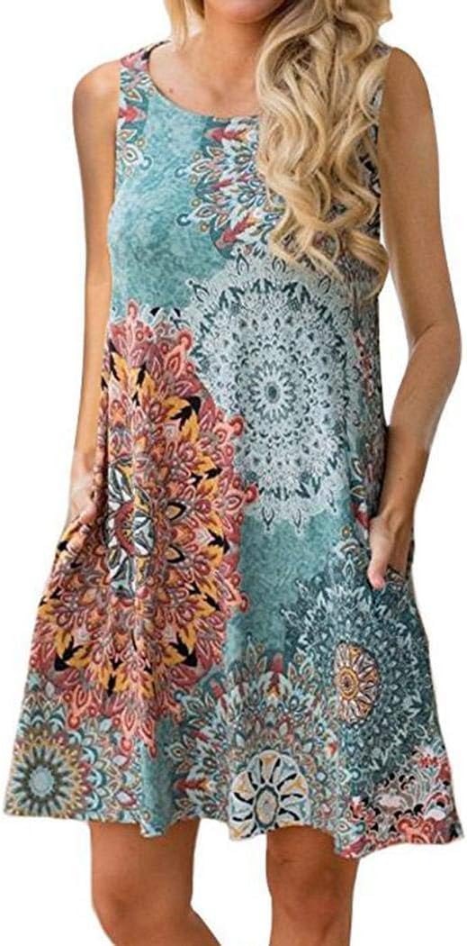 Sunywear Women Ladies Summer Dresses Casual O-Neck Sleeveless Floral Dress with Pockets