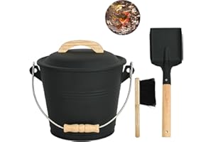 ANNIE GARDEN Ash Bucket with Lid and Shovel, Hand Broom and Gloves, 1.5 Gallon Small Metal Ash Bucket for Fireplace Tools Set, Fire Pits, Wood Burning Stoves, Indoor and Outdoor, Camping, Grill, Black