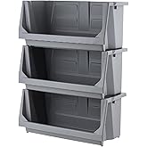 IRIS USA Open Front Storage Bins, Heavy Duty Stackable Bins, 3 Pack, Dark Gray