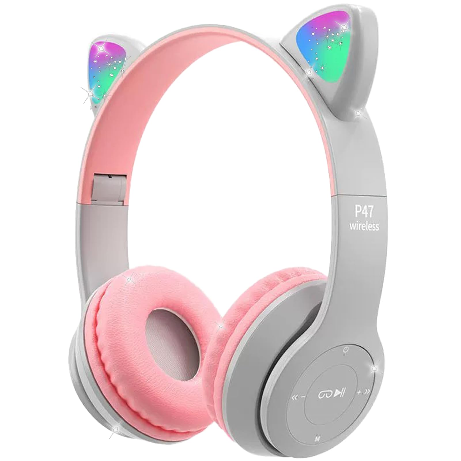 Megadream Kids Wireless Headphones, Bluetooth Over Ear Headphones with Microphone, Cat Ear LED Light Child Headset TF Card/Wired Foldable Earphones for Girls Boys Gift Age 7+(Grey)