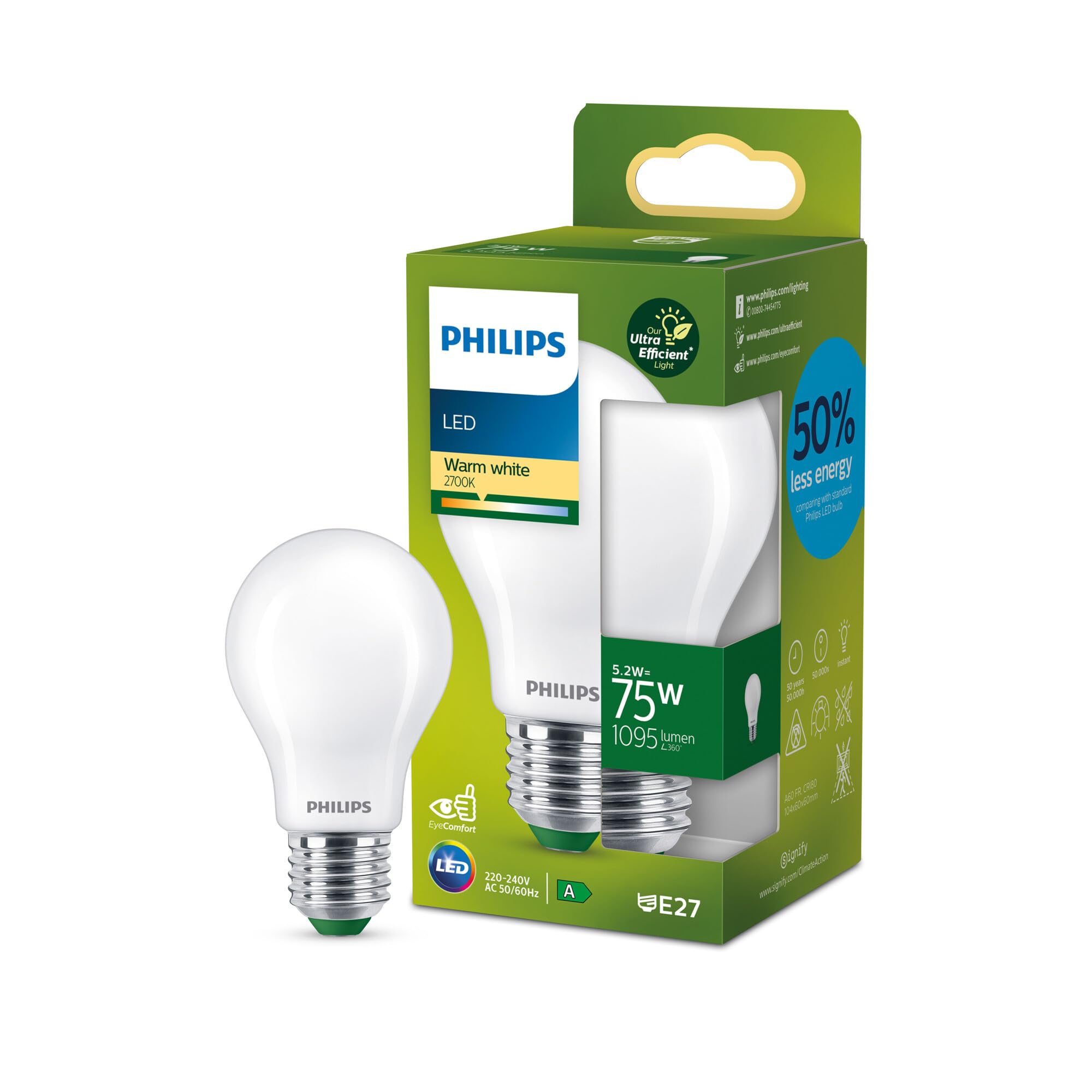 Philips Ultra Efficient - Ultra Energy Saving Lights, LED Light Source, 75W, A60, E27, Warm White 2700 Kelvin, Frosted