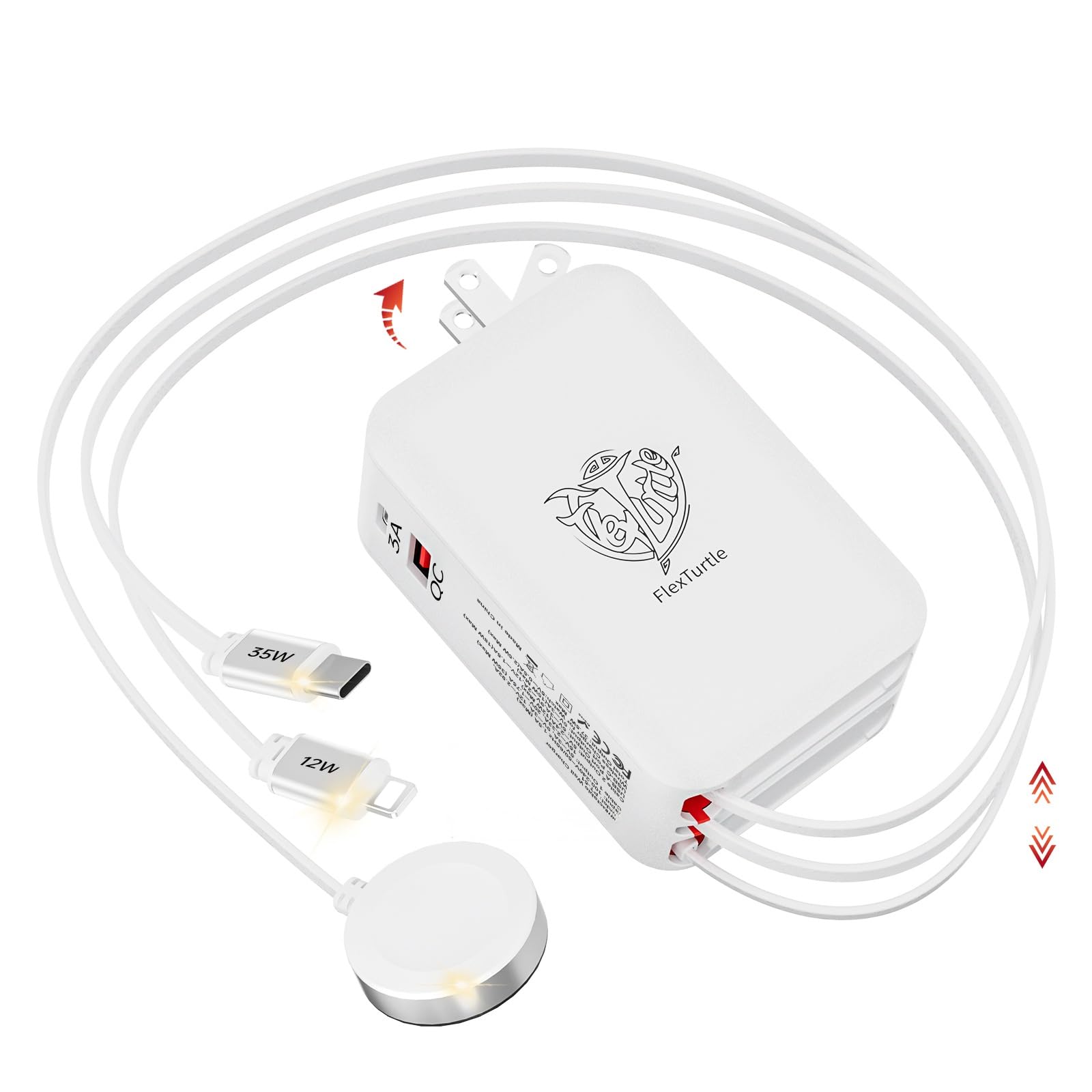 FlexTurtle Retractable Apple Watch Charger, 5 in 1 Travel Charging Station for Apple Devices, Retractable Chargers for Multiple Devices with Multi Charging Cable, Charger Block for Apple Gear (White)