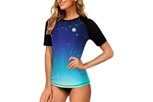 AOBUTE Women Short Sleeve Rash Guard Gradient Sun Protection Swim Shirts