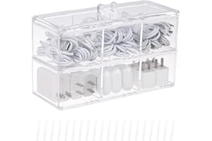 Yesesion Plastic Cable Management Boxes Set with Lid and 20 Wire Ties, Clear Power Cord Case with 3 Compartments, Electronics Organizer Desk Drawer Accessories Storage for Office Supply (2 Pack)