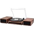 LP&No.1 Vinyl Record Player with Stereo Bookshelf Speakers, Vintage Wood Finish, 3-Speed Belt-Drive Turntable with Wireless Input Playback Mode, RCA Output, Auto Stop | Mahogany
