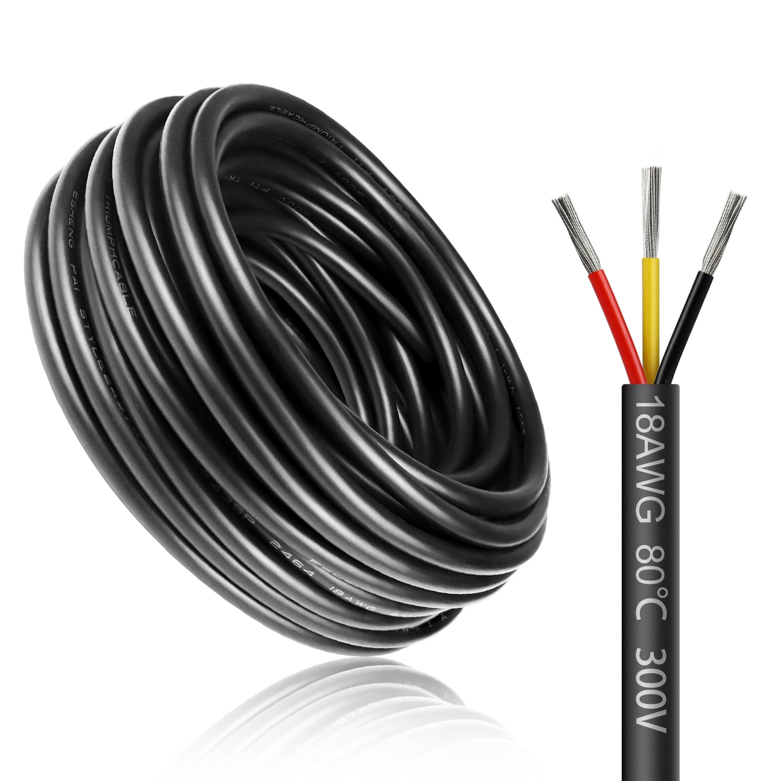 LightingWill 32.8FT/10M 18AWG 3x0.75mm² Electrical Wire 3 Core Cable, 18 AWG 5V/12V/24V/240V/300V Low Voltage Extension Cable, Tinned Copper Wires, Flexible and High Temperature Resistant
