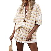 Saodimallsu Womens Striped Pajama Sets Short Sleeve Color Block Crochet Knit Button Top and Shorts 2 Piece Summer Sets