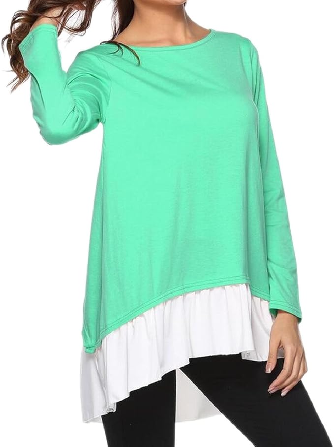 ONTBYB Women's Ruffle Hem Casual Long Sleeves Splice Maxi T-Shirt Top Light Green L at Amazon 