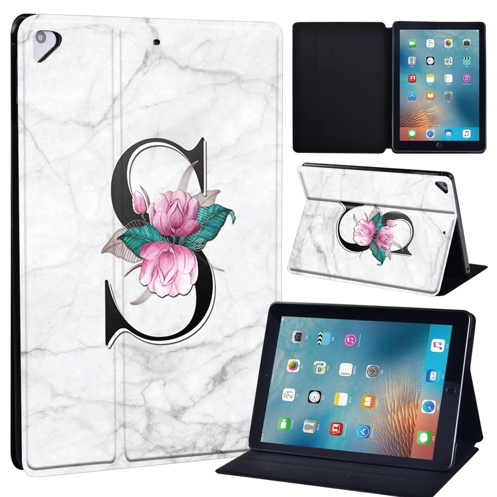 Initial Letter Leather slim lightweight Stand Cover Case for Apple New iPad 9.7 2018 2017(6th Gen, 5th Gen)/iPad Air 2/iPad Air/iPad Pro 9.7 Tablet with Auto Wake/Sleep (whitemarbleS)