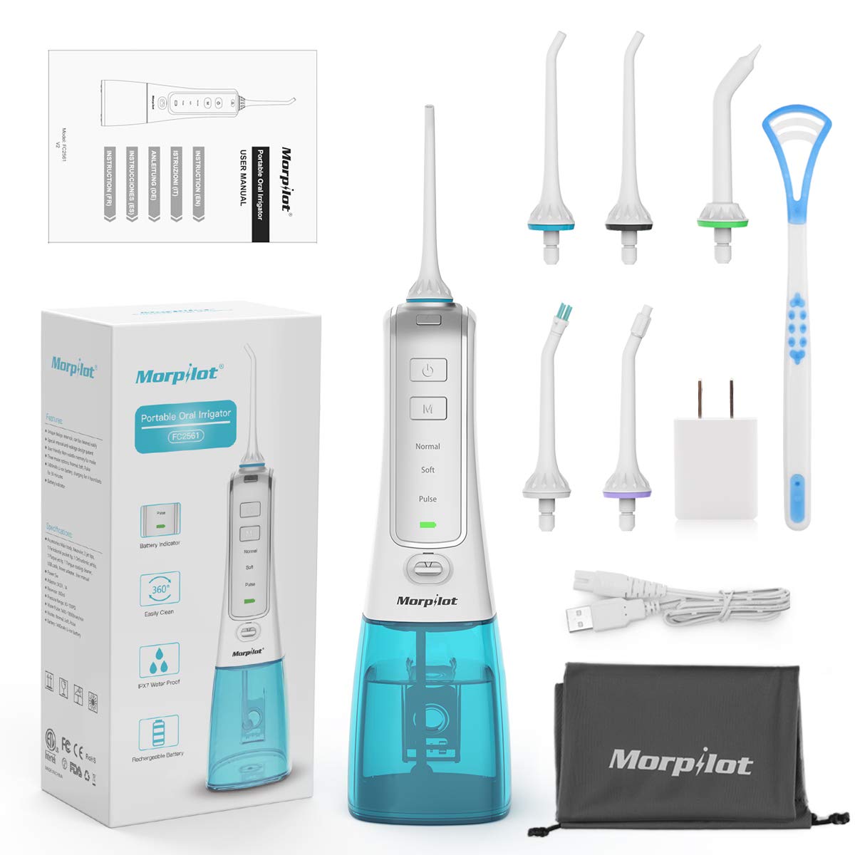 Cordless Water Flosser Portable Oral Irrigator, Rechargeable Dental Flosser IPX7 Waterproof Professional Teeth Cleaner with 6 Jet Tips 300ML Water Tank for Adults & Kids Home or Travel Use