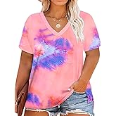 ROSRISS Womens Plus Size Short Sleeve T Shirt V Neck High Low Tops Blouse Tunics with Side Split