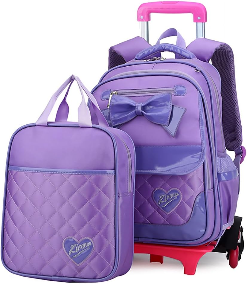 Meetbelify Rolling Backpacks For Girls School Bags Trolley Luggage With Lunch Bag Purple