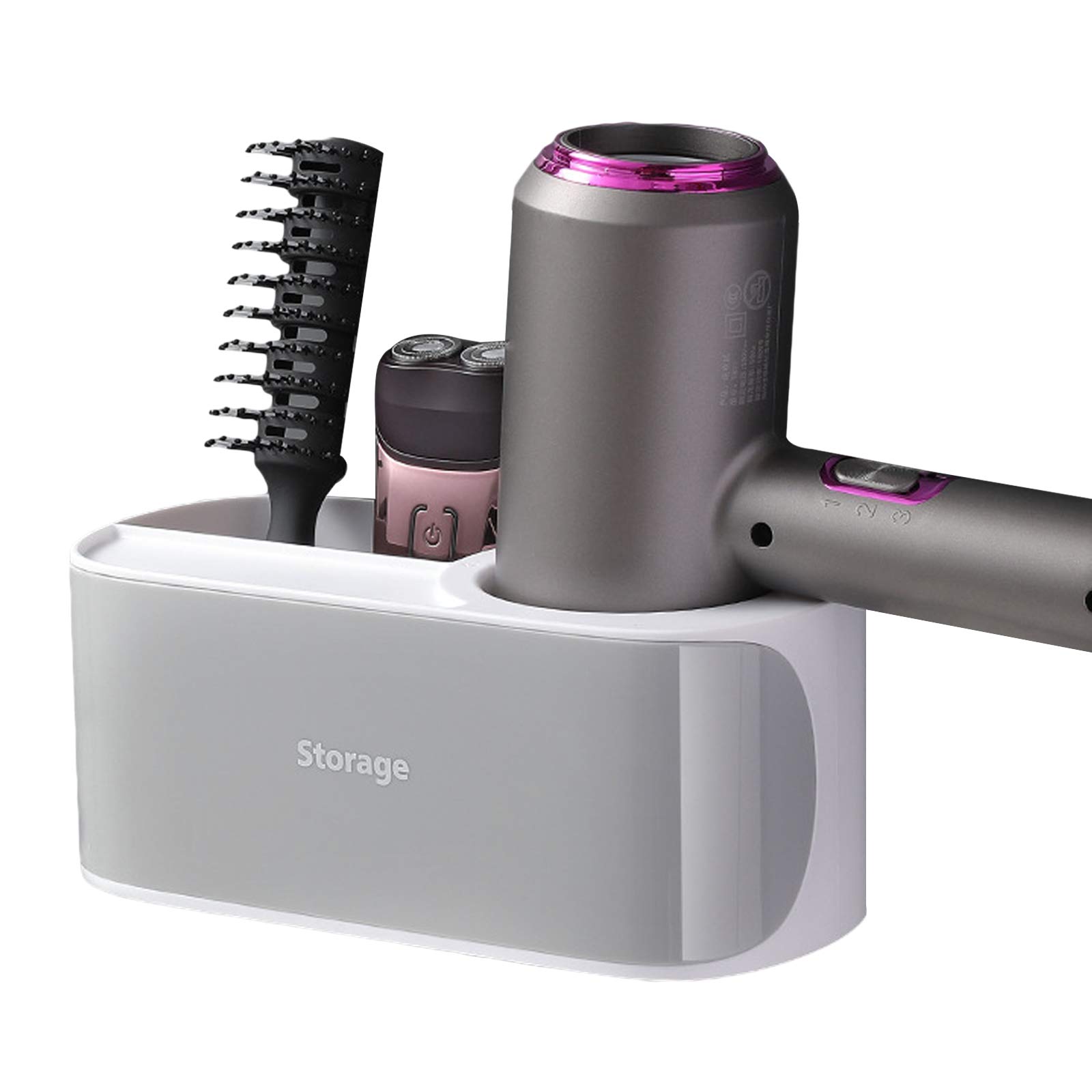 Elinala Hairdryer Holder Wall Mounted, Hair Dryer Holder, Multifunctional 2-Compartment Plastic Self-Adhesive Wall-Mounted Bathroom Hairdryer Holder and Sundries Storage Rack (Grey)