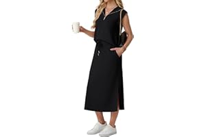 Lepunuo Women Skirt Sets 2 Piece Outfits Casual Half Zip Lapel Cap Sleeve Tops Split Maxi Skirt Airport Travel Outfits