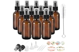 STARSIDE 12 Pack 2oz 60 ml Amber Glass Spray Bottles with Fine Mist Sprayer & Dust Cap for Essential Oils, Perfumes,Cleaning Products.Included 1 Brush,2 Extra Sprayers,2 Funnels,3 Droppers & 24 Labels.