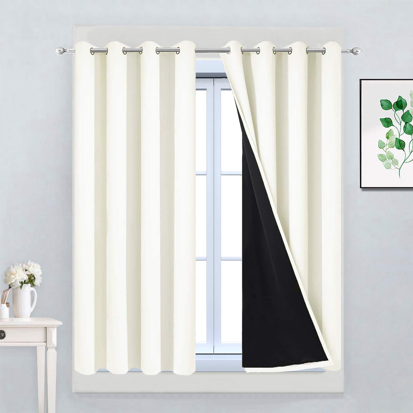 Yakamok 100% Blackout Curtains with Black Liners, Thermal Insulated Double Layer Curtains, Energy Saving Grommet Window Drapes (52" Width Each Panel, Cream)