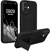 kwmobile Case Compatible with Apple iPhone 16 - Case with Hand Strap and Stand Soft TPU Silicone Coating - Black
