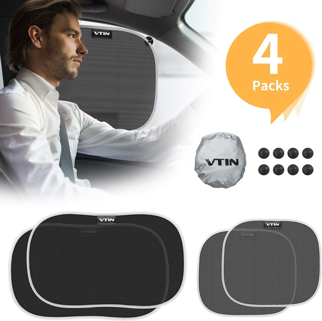 VTIN Car Sun Shades (4 Pack), Car Window Shades For Baby with UV Protection, 2PCS for Front Seat and 2PCS for Back Seat with 8PCS Suction Cups, Fits for SUV, Trucks, Vans, Sedan, Wagon